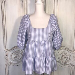 Nasty Gal Collection Babydoll Puff Sleeve Tiered Gingham Top Size 6 NWOT
